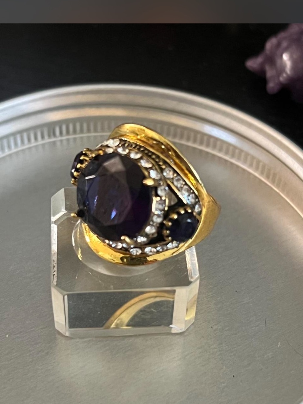 Gold-Tone Amethyst Cocktail Ring - Deep Purple Statement - Picture 4 of 8